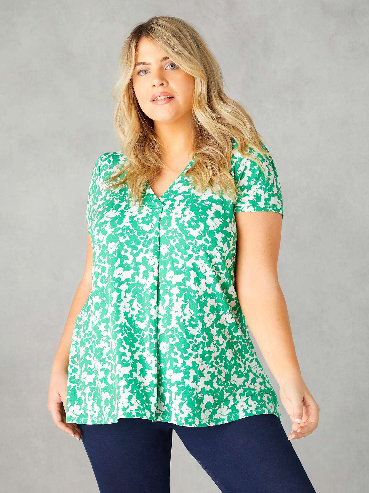 Buy Live Unlimited Curve Floral Print Jersey Pleat Front Top, Green Online at johnlewis.com