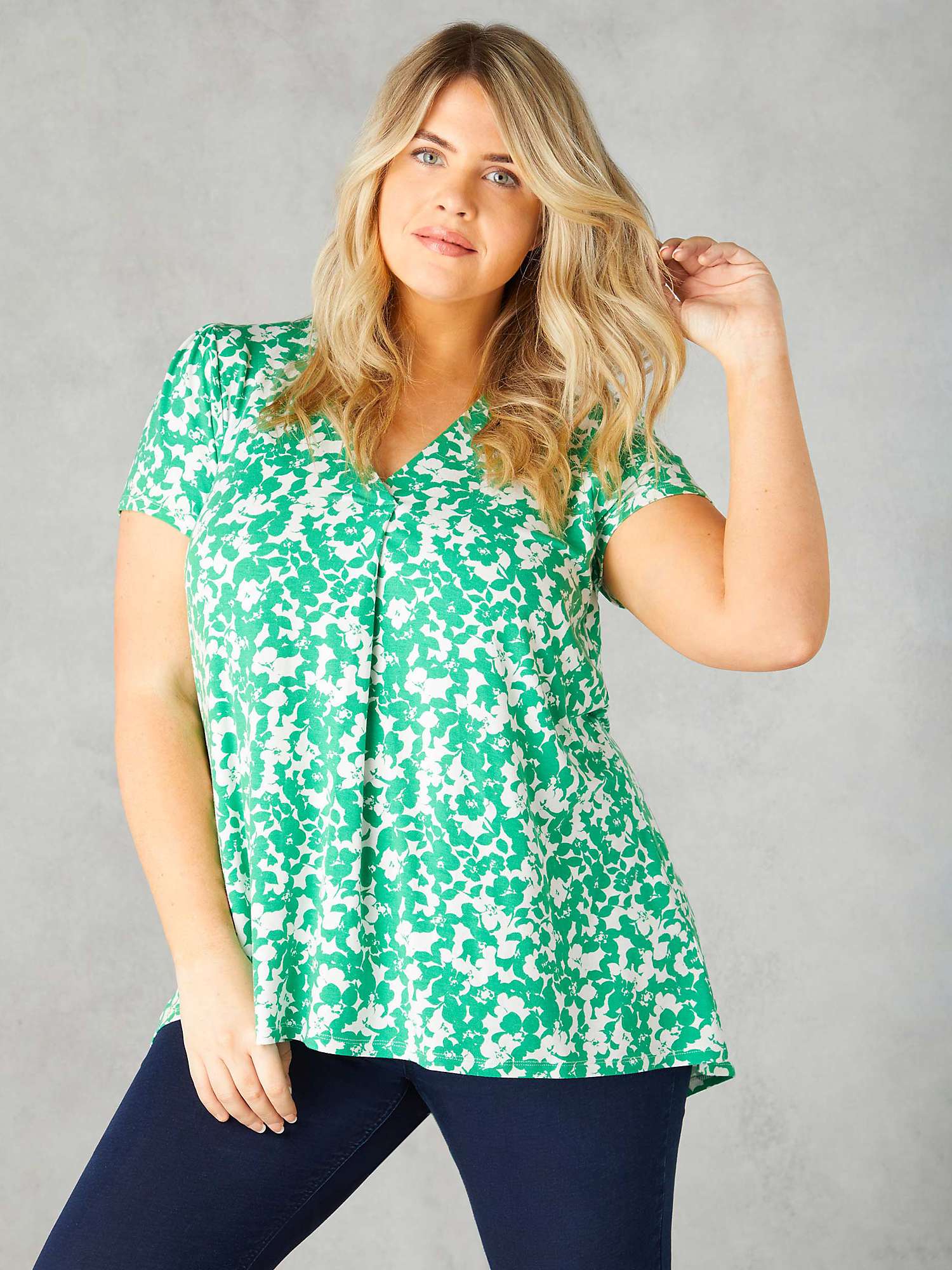 Buy Live Unlimited Curve Floral Print Jersey Pleat Front Top, Green Online at johnlewis.com