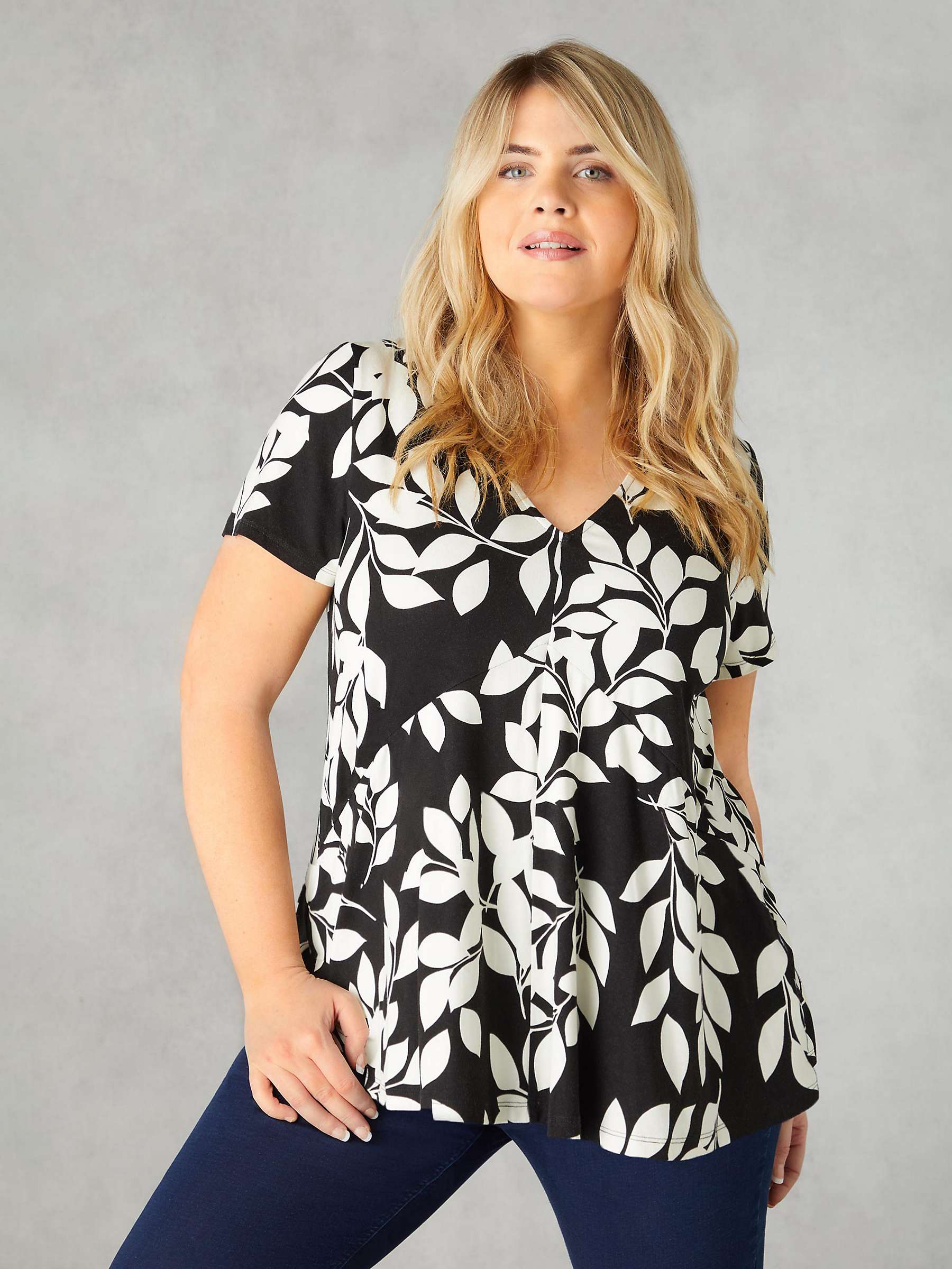 Buy Live Unlimited Curve Mono Leaf Print Jersey Relaxed Top, Black Online at johnlewis.com