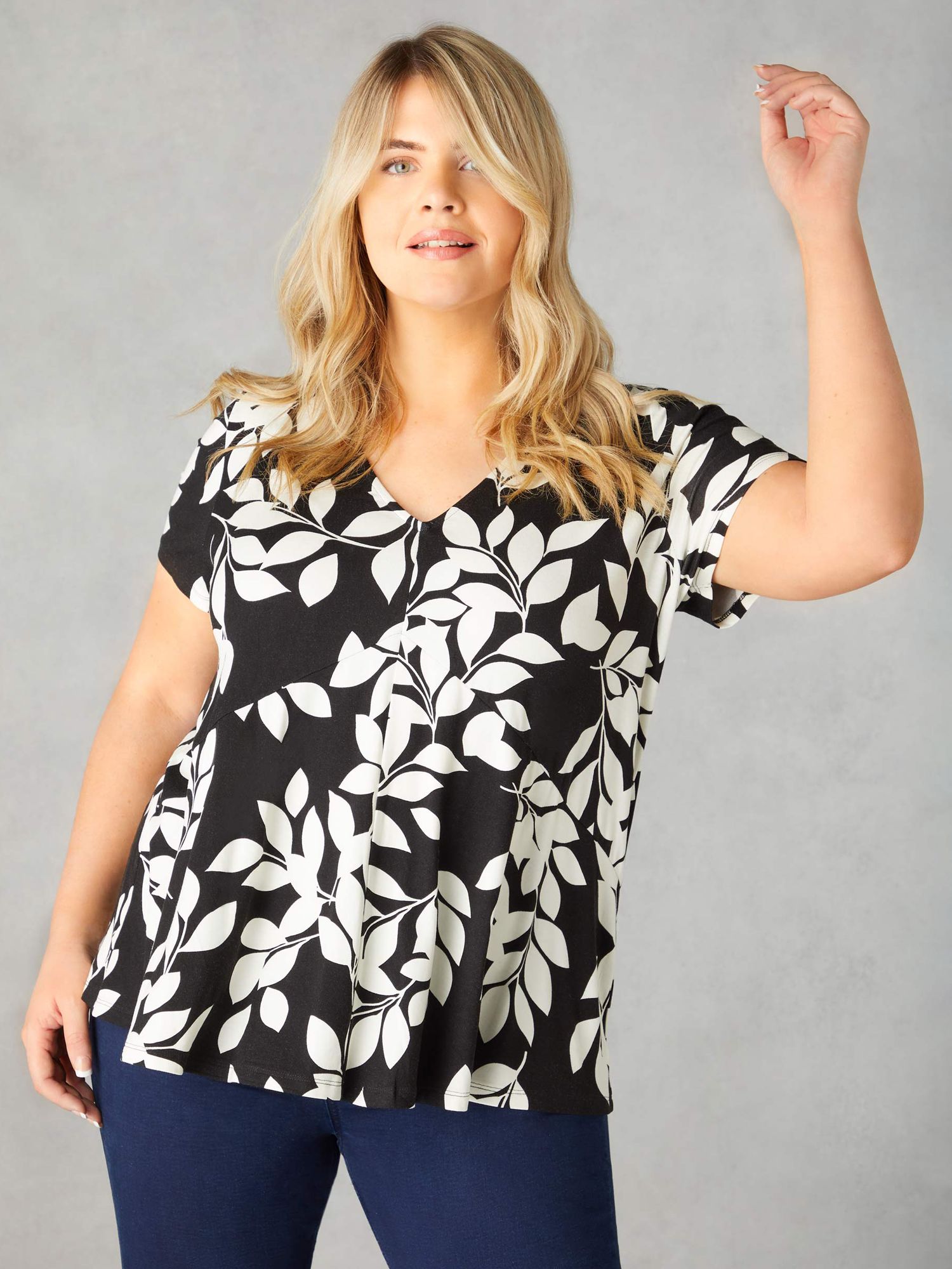 Live Unlimited Curve Mono Leaf Print Jersey Relaxed Top, Black