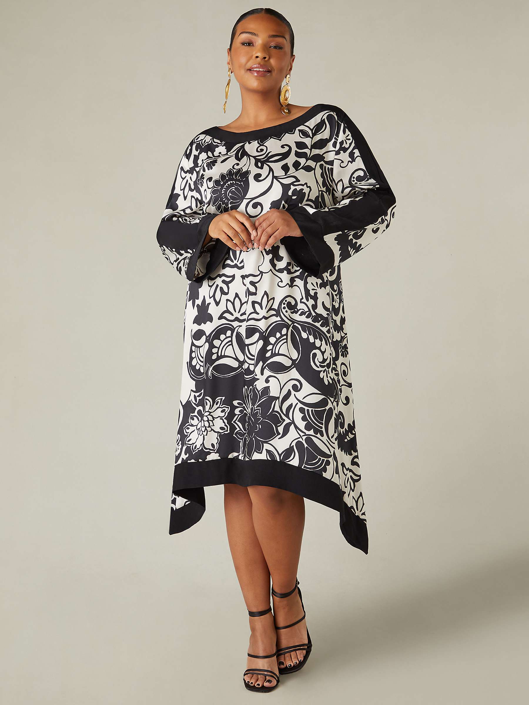 Buy Live Unlimited Curve Mono Floral Print Hanky Hem Dress, Black Online at johnlewis.com
