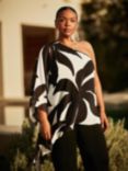 Live Unlimited Curve Geometric Print One Shoulder Overlay Top, Black/White