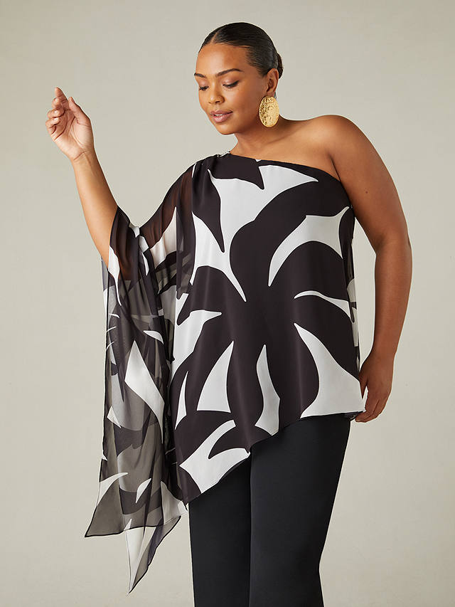 Live Unlimited Curve Geometric Print One Shoulder Overlay Top, Black/White