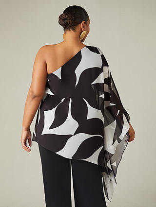 Live Unlimited Curve Geometric Print One Shoulder Overlay Top, Black/White