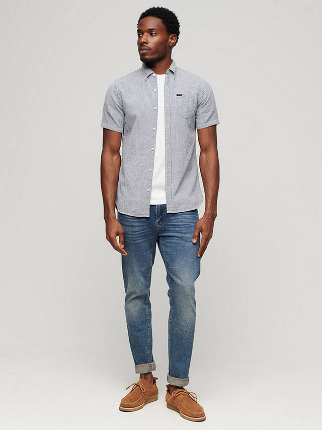Superdry Gingham Seersucker Organic Cotton Short Sleeve Shirt, Navy