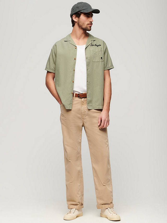 Superdry Resort Linen Blend Short Sleeve Shirt, Light Khaki Green