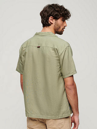 Superdry Resort Linen Blend Short Sleeve Shirt, Light Khaki Green