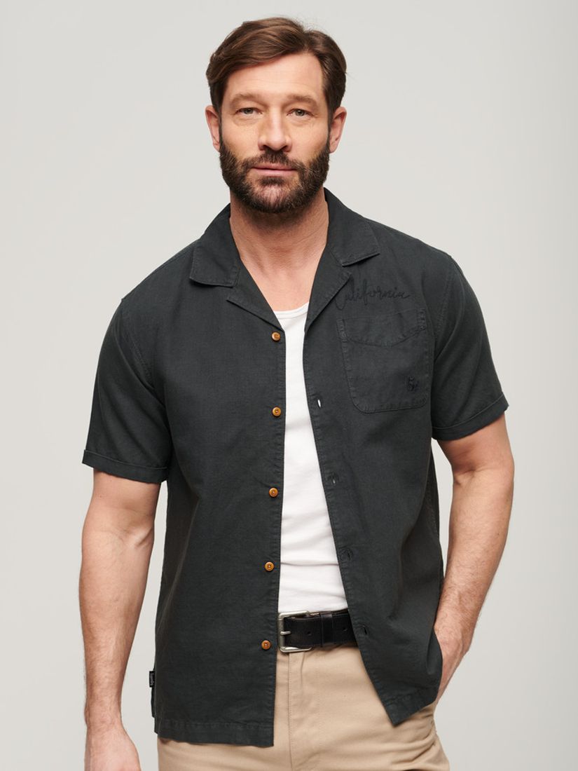 Superdry Resort Linen Blend Short Sleeve Shirt, Washed Black, XXL