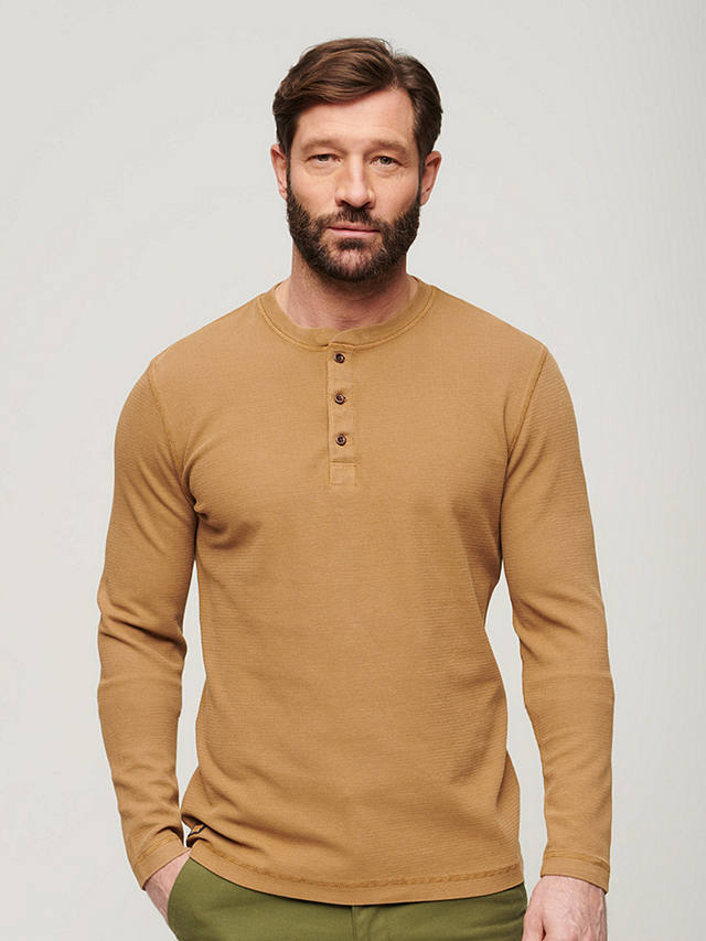 Superdry Relaxed Fit Waffle Cotton Henley Top, Classic Brown Camel