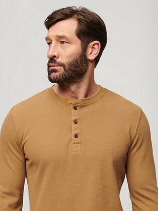 Superdry Relaxed Fit Waffle Cotton Henley Top, Classic Brown Camel