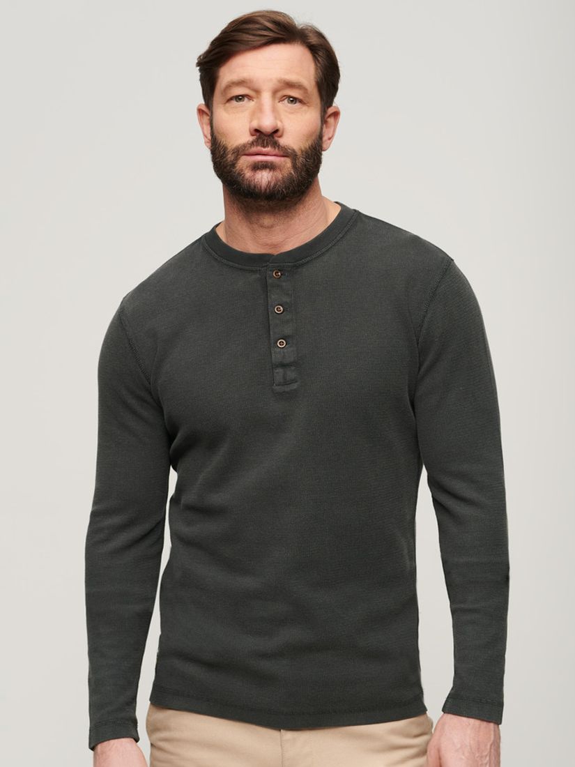 Superdry Relaxed Fit Waffle Cotton Henley Top, Washed Black, S