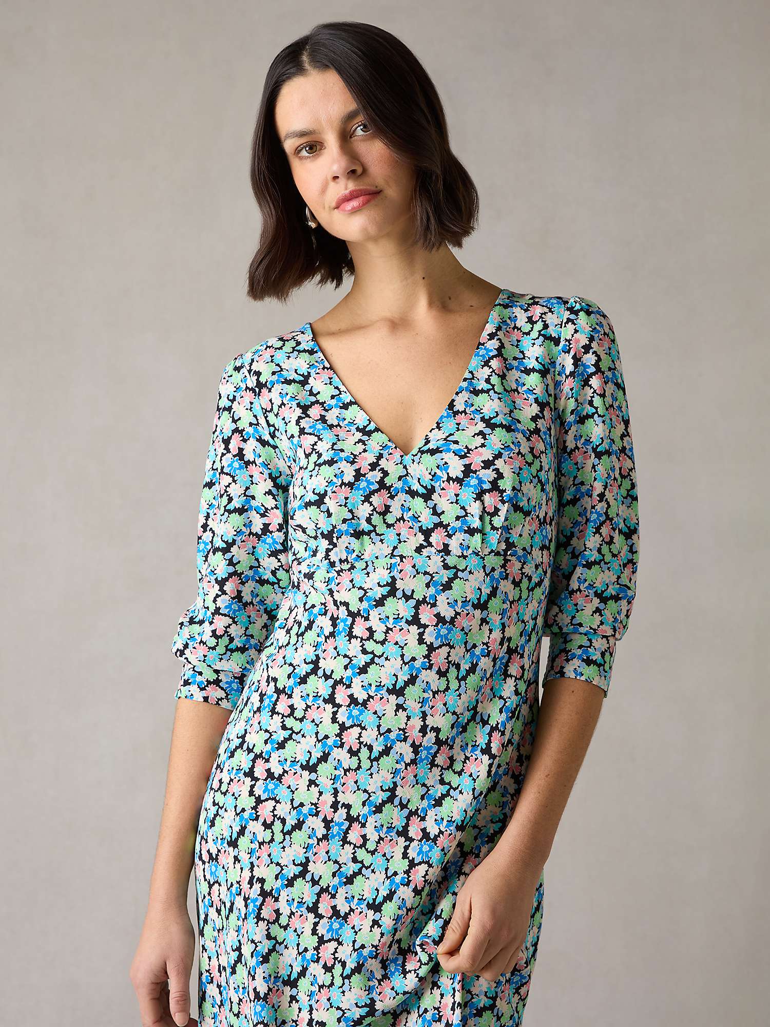 Buy Ro&Zo Petite Multi Blurred Daisy Print V Neck Midi Dress, Black/Multi Online at johnlewis.com