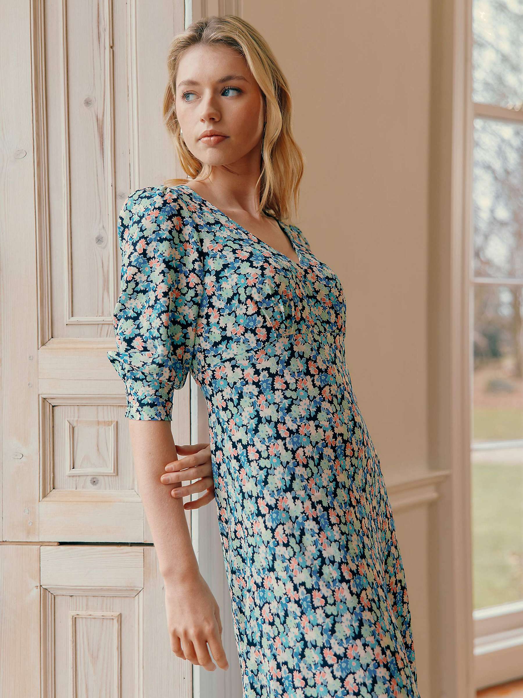 Buy Ro&Zo Multi Blurred Daisy Print V Neck Midi Dress, Black/Multi Online at johnlewis.com