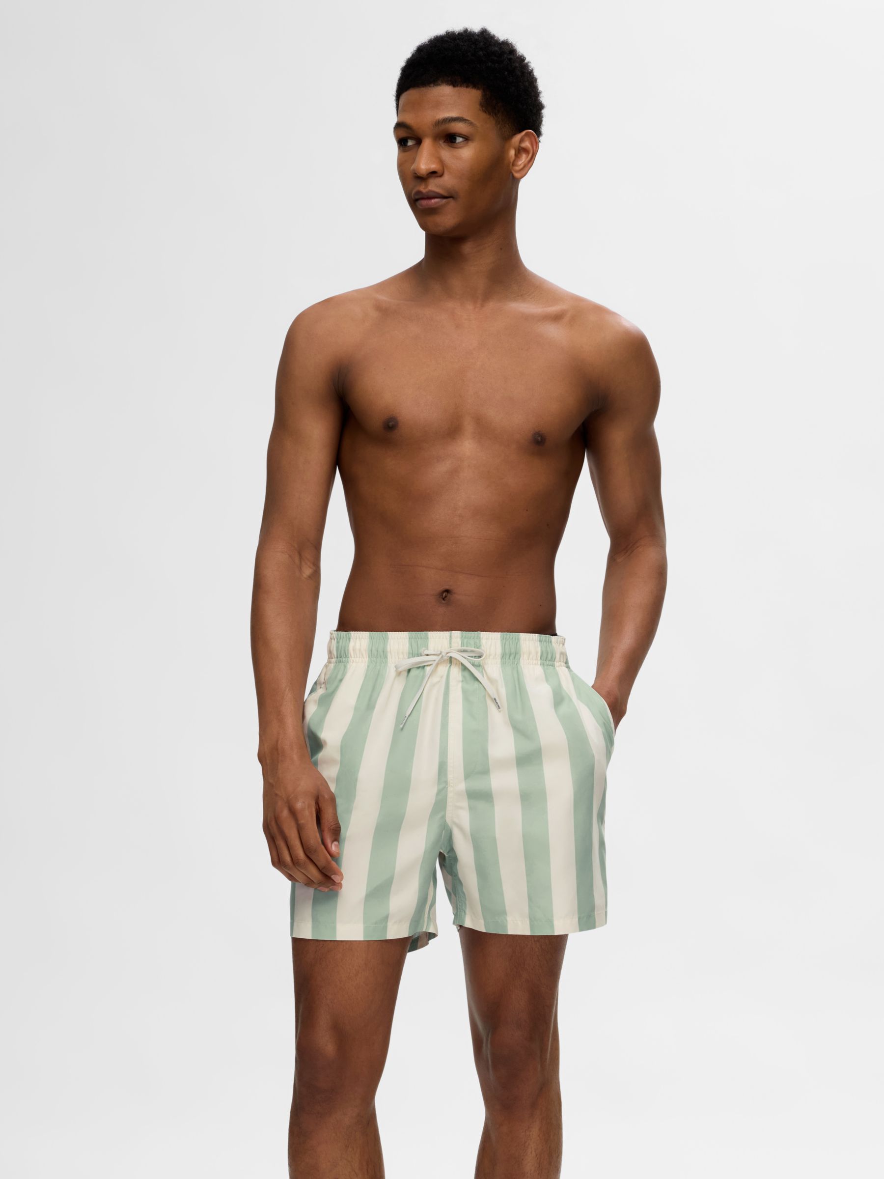 SELECTED HOMME Stripe Swim Shorts, Bok Choy/Egret, S