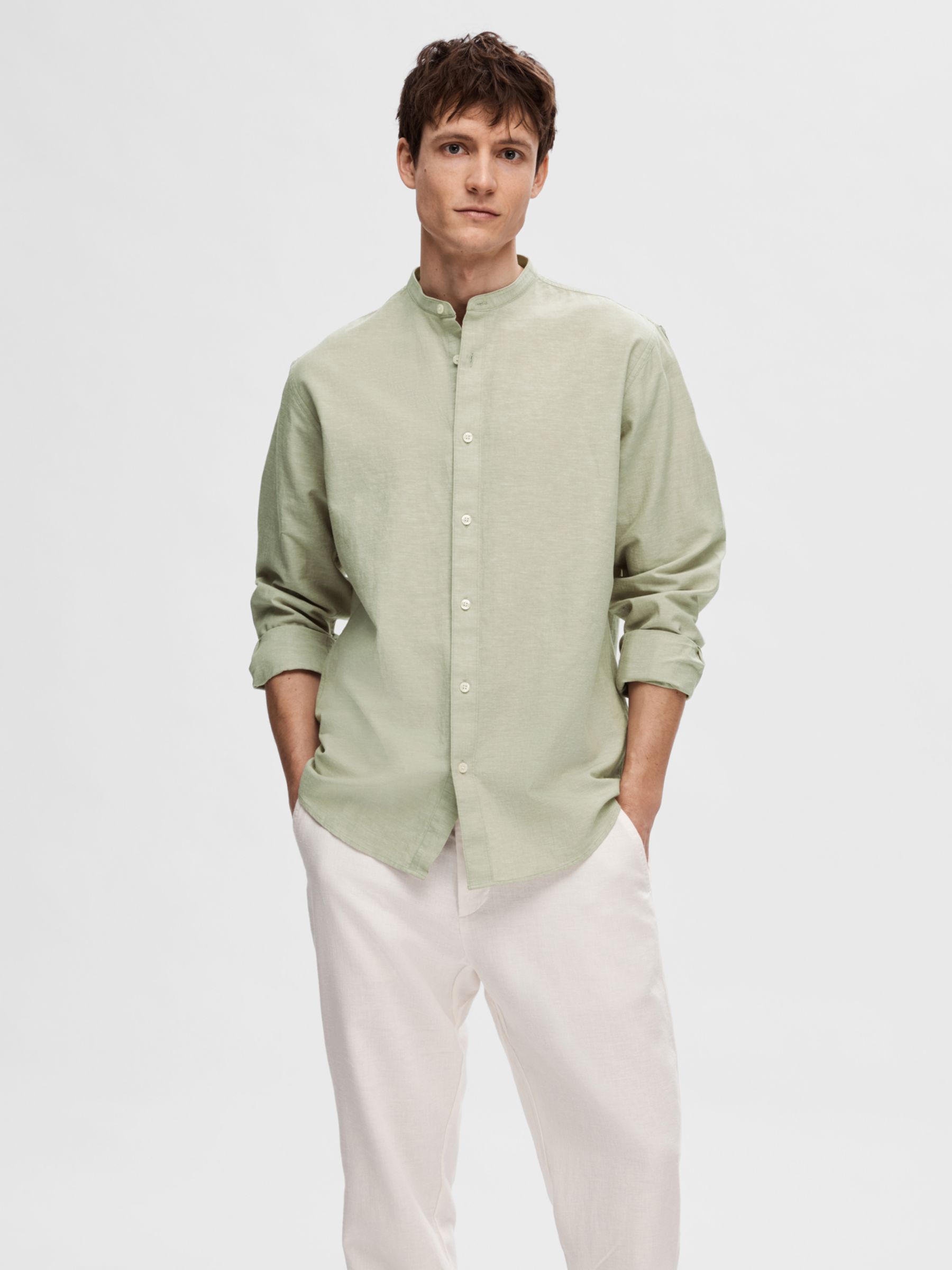 SELECTED HOMME Band Collar Linen Cotton Blend Shirt, Vetiver, S