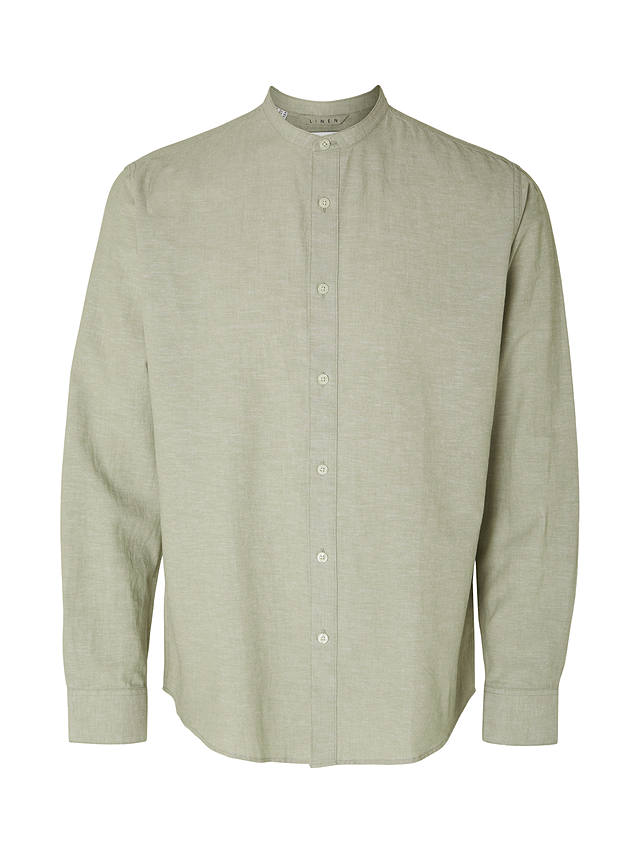 SELECTED HOMME Band Collar Linen Cotton Blend Shirt, Vetiver