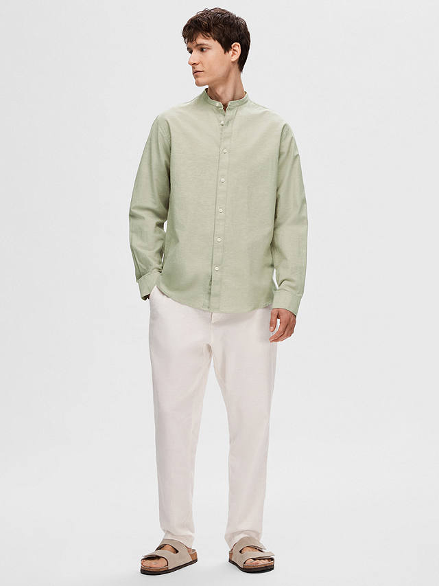 SELECTED HOMME Band Collar Linen Cotton Blend Shirt, Vetiver