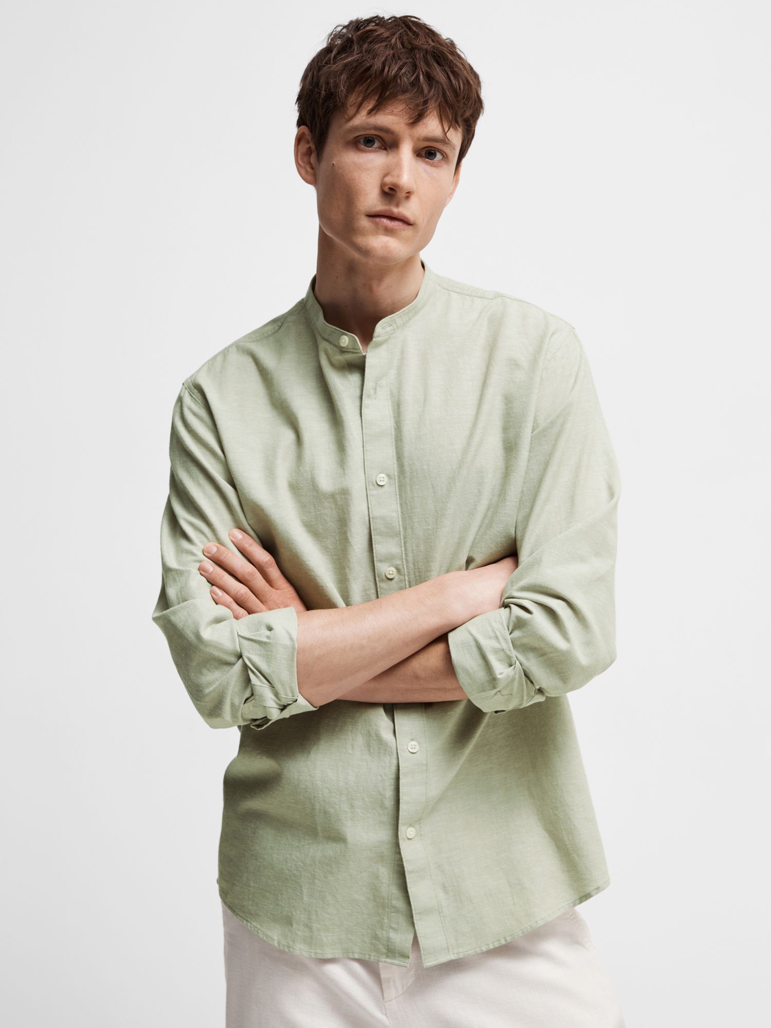 SELECTED HOMME Band Collar Linen Cotton Blend Shirt