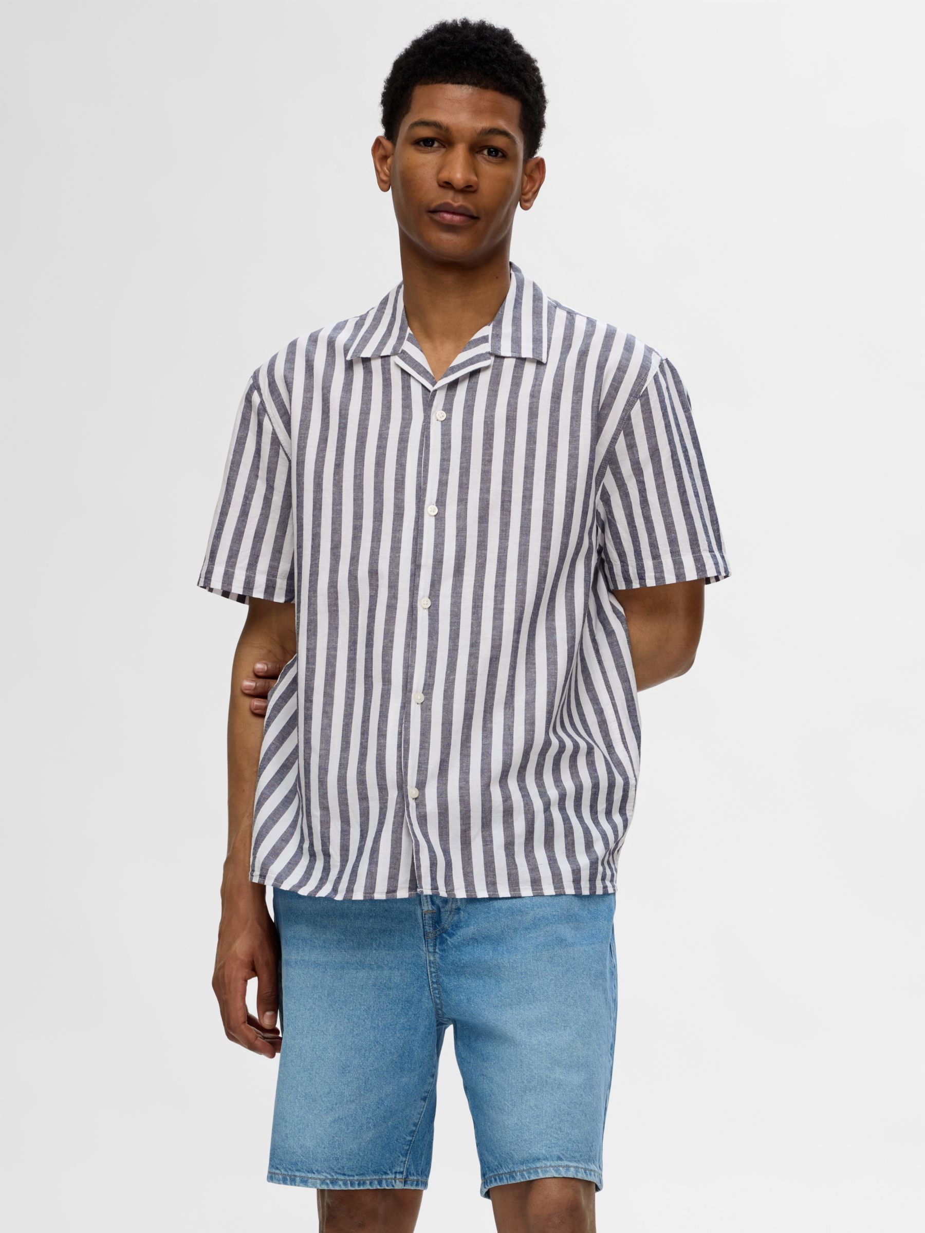 SELECTED HOMME Short Sleeved Relaxed Fitted Shirt, Navy/White