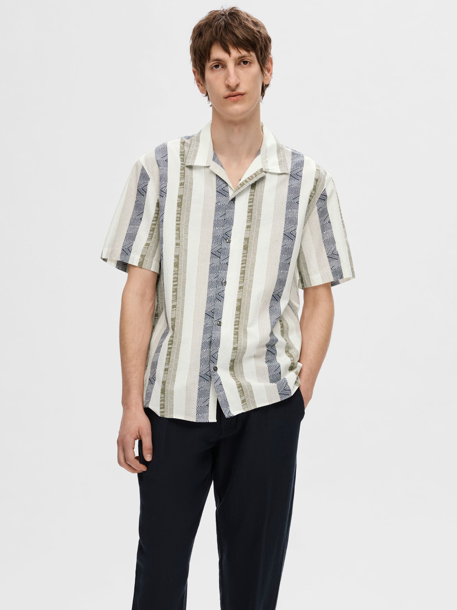 SELECTED HOMME Stripe Linen Cotton Blend Shirt, Egret/Multi, S