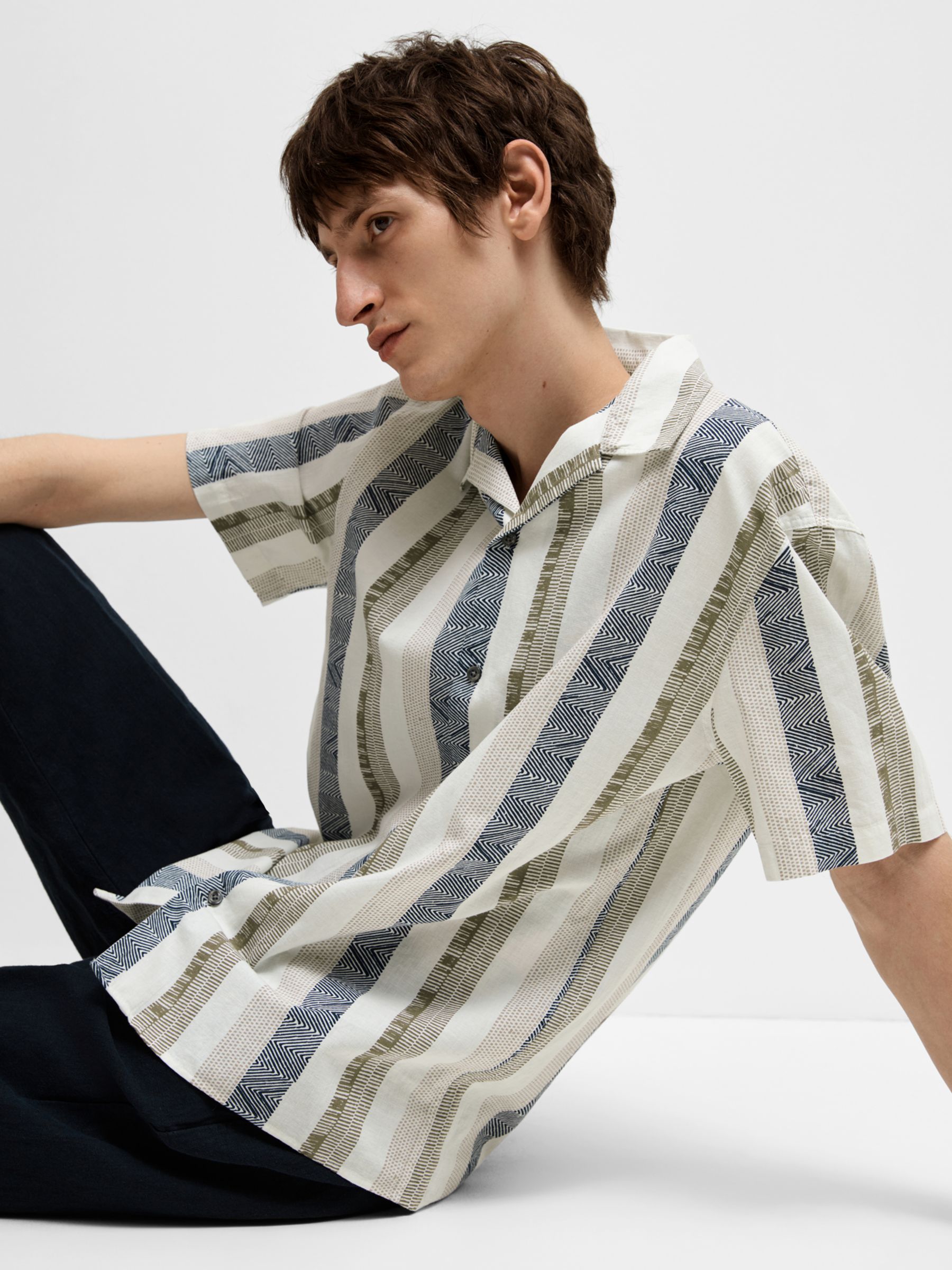 Buy SELECTED HOMME Stripe Linen Cotton Blend Shirt, Egret/Multi Online at johnlewis.com