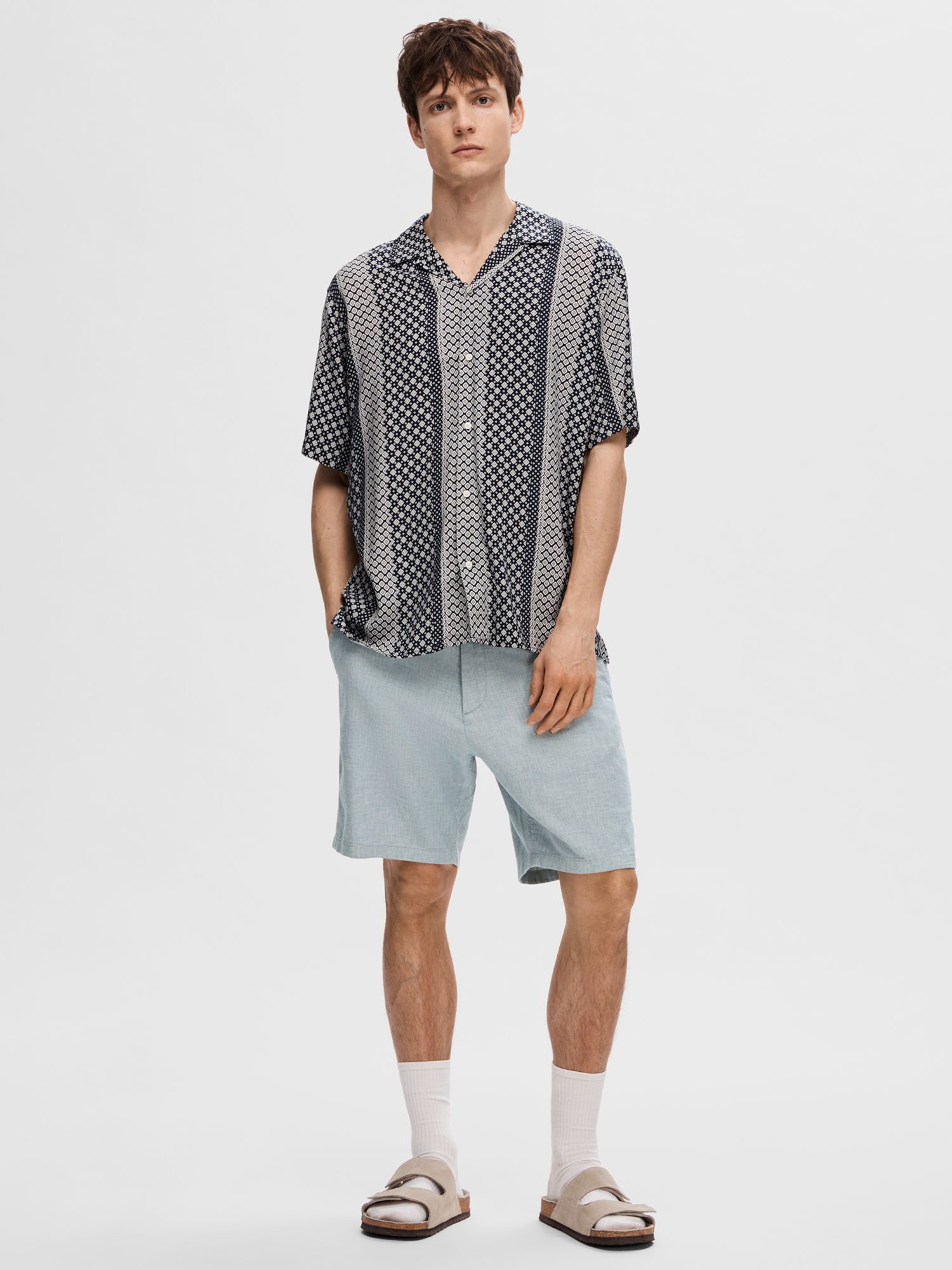 SELECTED HOMME Vero Geometric Print Short Sleeve Shirt, Sky Captain/Multi