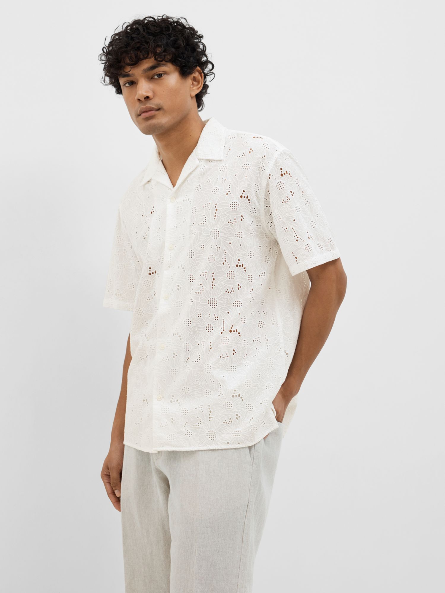 SELECTED HOMME Jax Broderie Shirt, Bright White, S
