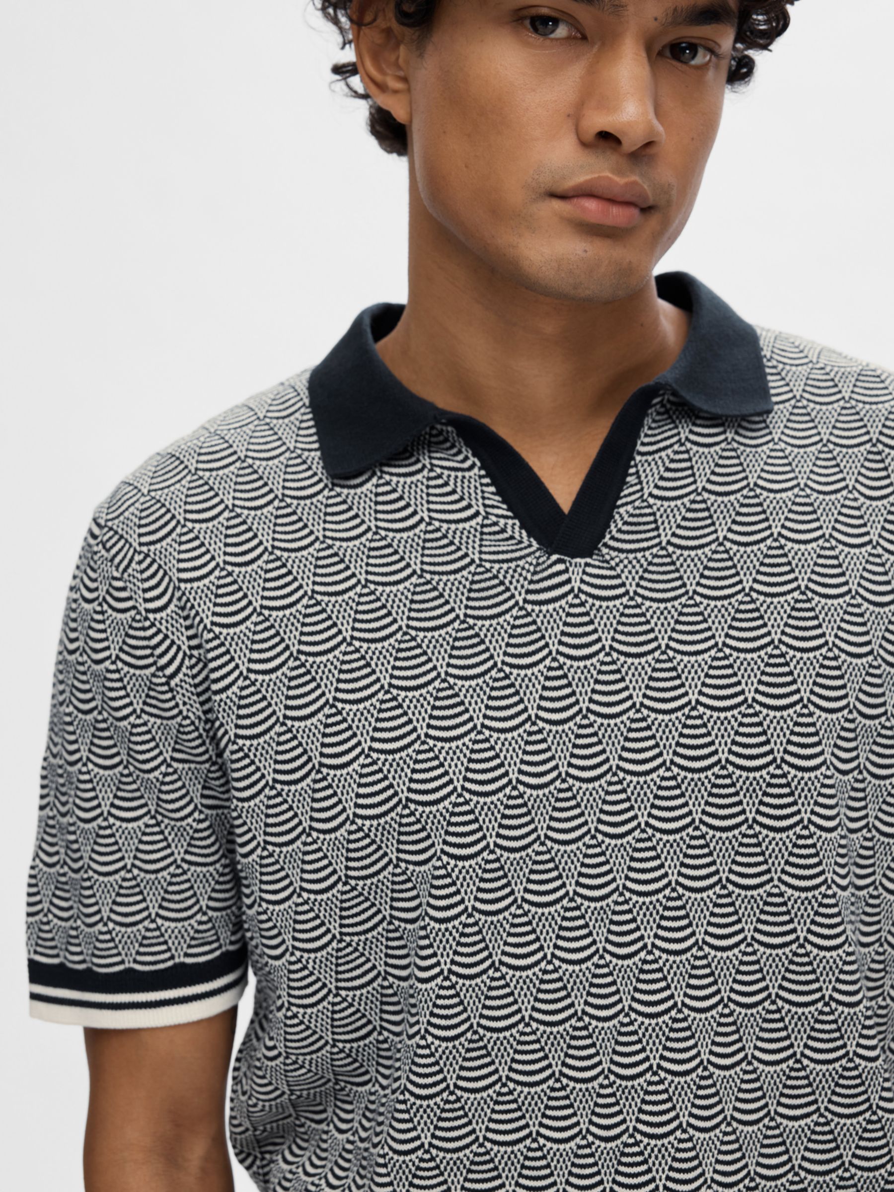 SELECTED HOMME Geometric Knit Polo Shirt, Sky Captain/Egret, S