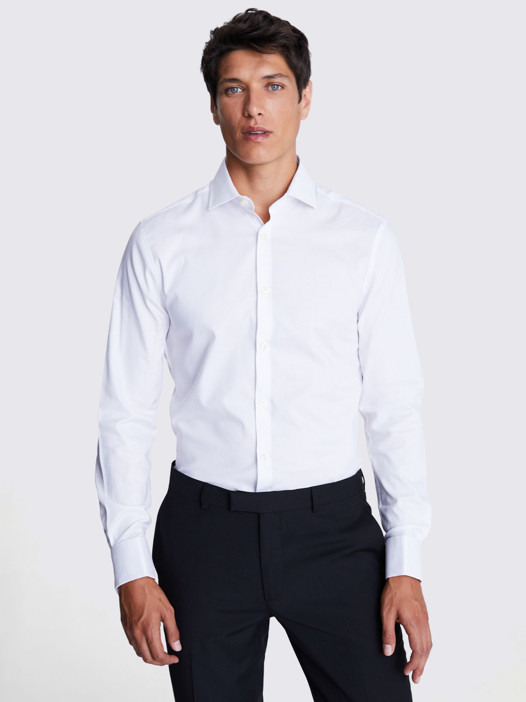 Moss Slim Fit Dobby Cotton Blend Stretch Double Cuff Shirt, White, 18