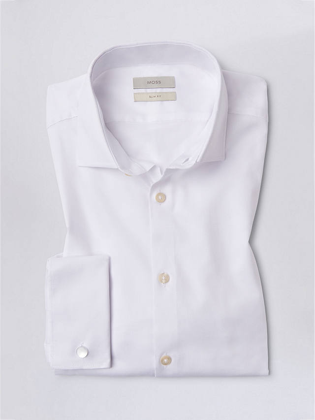 Moss Slim Fit Dobby Cotton Blend Stretch Double Cuff Shirt, White