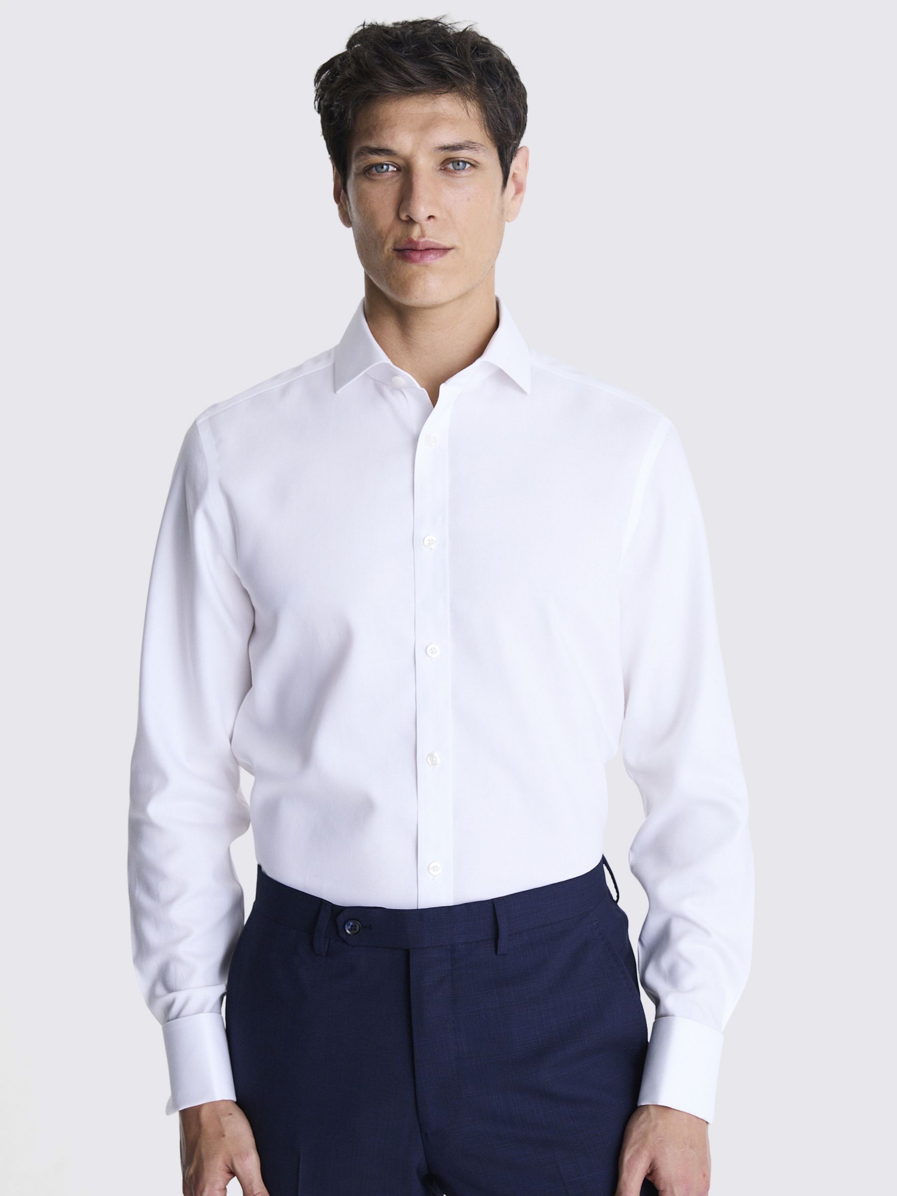 Moss Tailored Fit Royal Oxford Double Cuff Non-Iron Shirt, White, 15.5