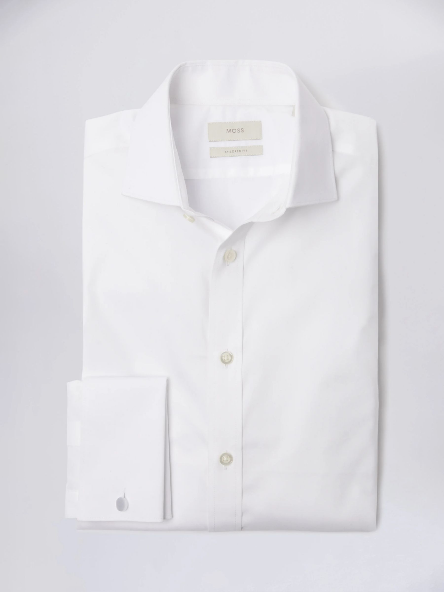 Moss Tailored Fit Double Cuff Stretch Shirt, White, 14.5