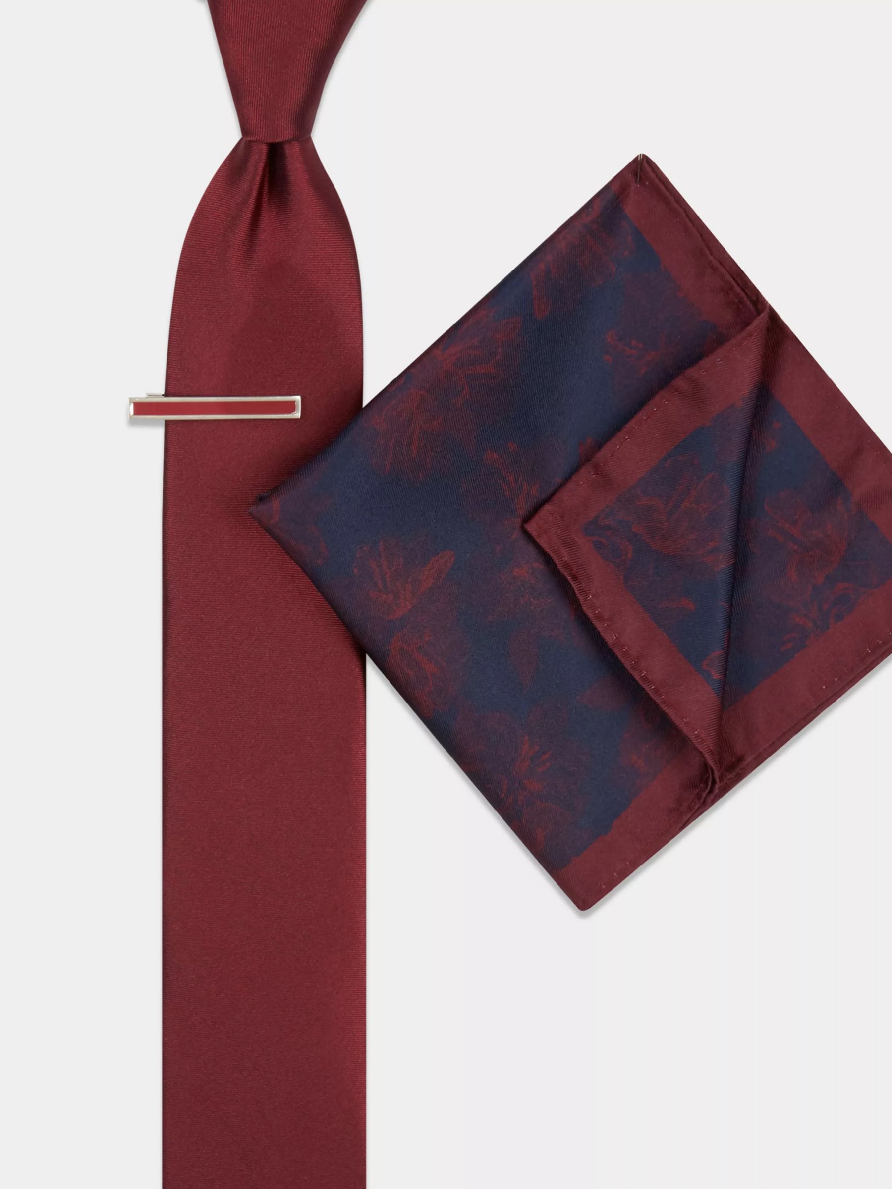 Moss Plain Tie With Bar & Pocket Square Set, Wine/Navy, One Size