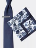 Moss Plain Tie With Bar & Pocket Floral Print Square Set, Navy