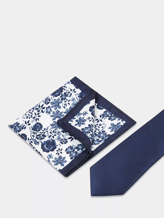 Moss Plain Tie With Bar & Pocket Floral Print Square Set, Navy