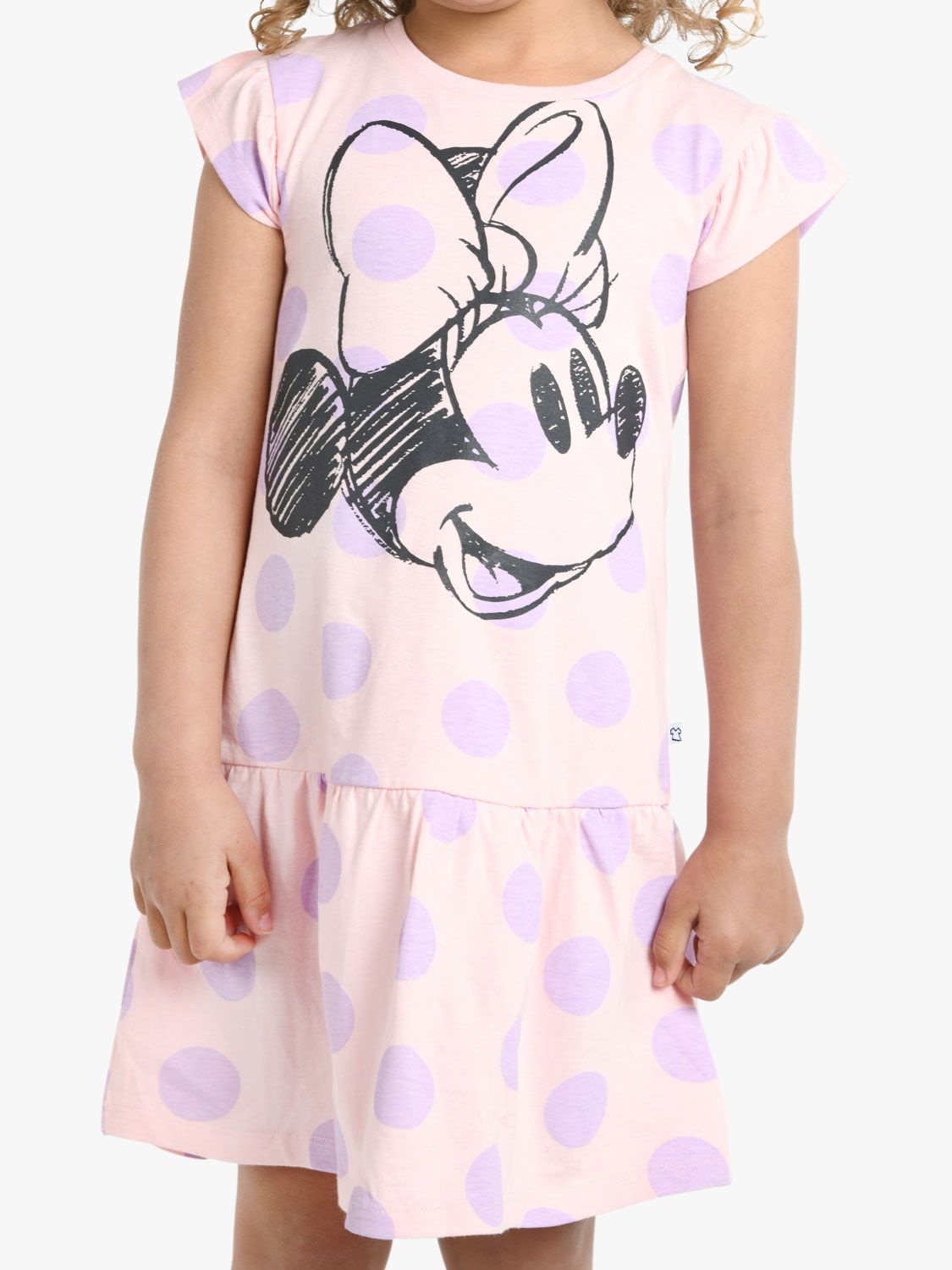 Brand Threads Kids' Disney Minnie Mouse Spot Print Frill Sleeve Dress, Pink, 1-2 years