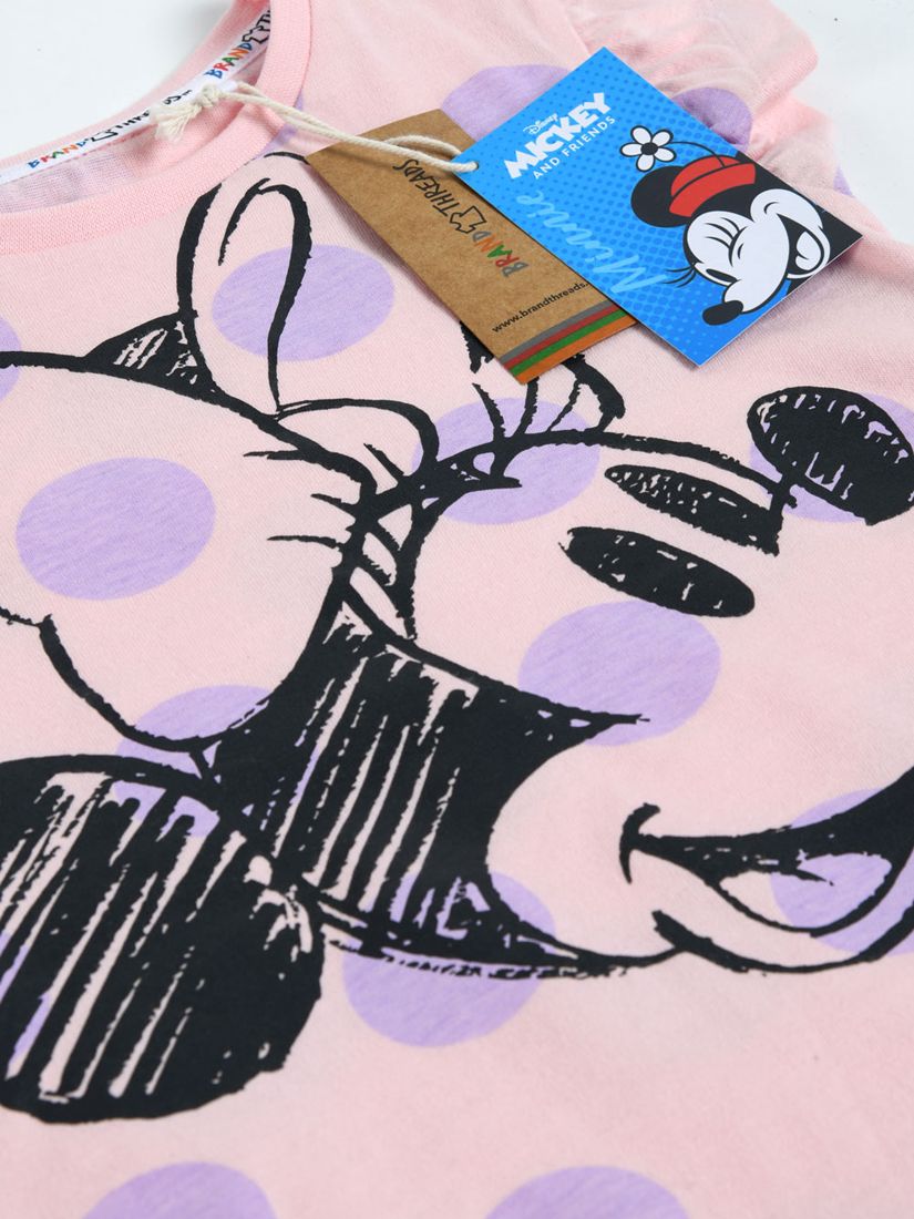 Brand Threads Kids' Disney Minnie Mouse Spot Print Frill Sleeve Dress, Pink, 1-2 years