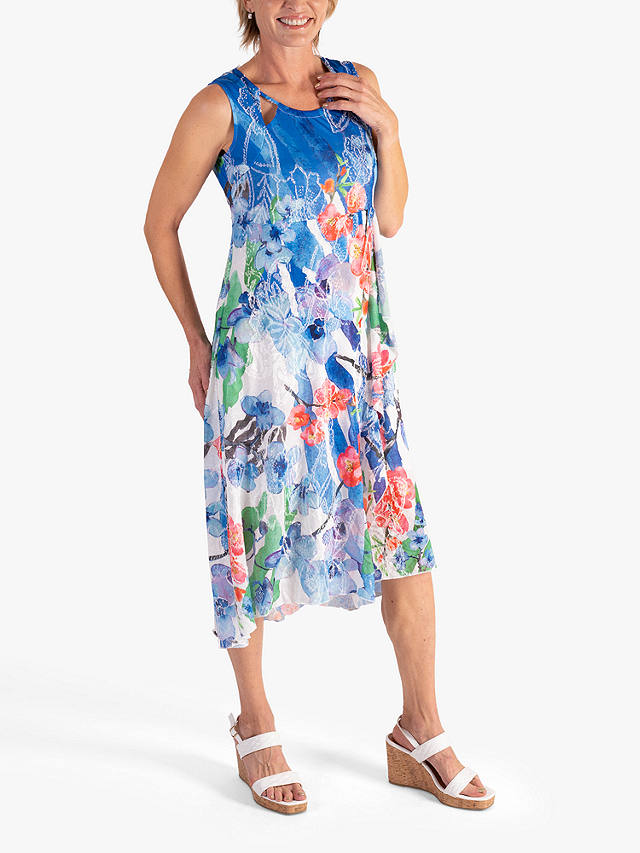 chesca Tropical Flowers Sleeveless Mesh Midi Dress, Blue/Multi