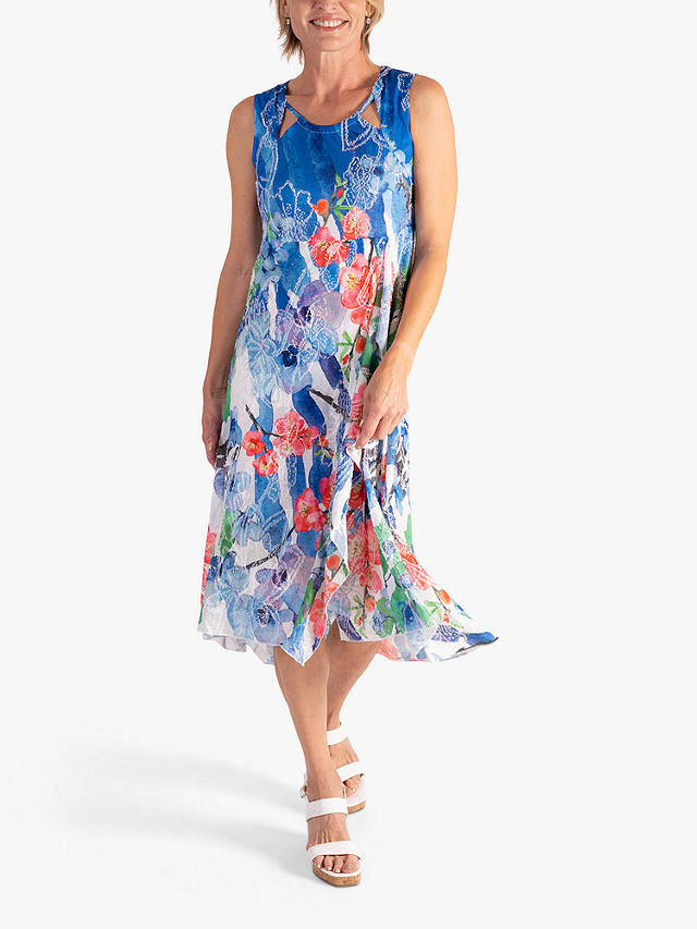 chesca Tropical Flowers Sleeveless Mesh Midi Dress, Blue/Multi