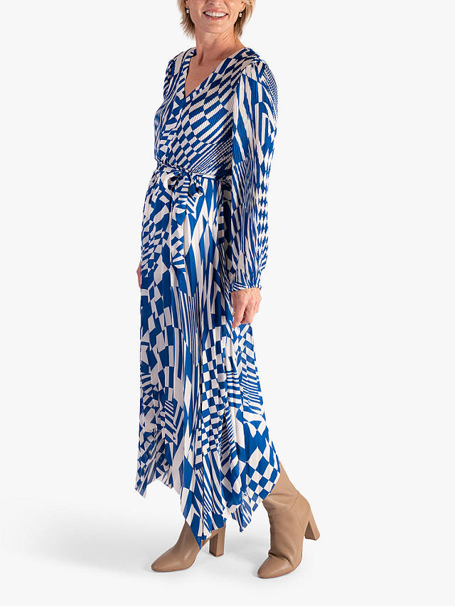 chesca Tie Waist Geometric Swirls Dress, Royal Blue/White