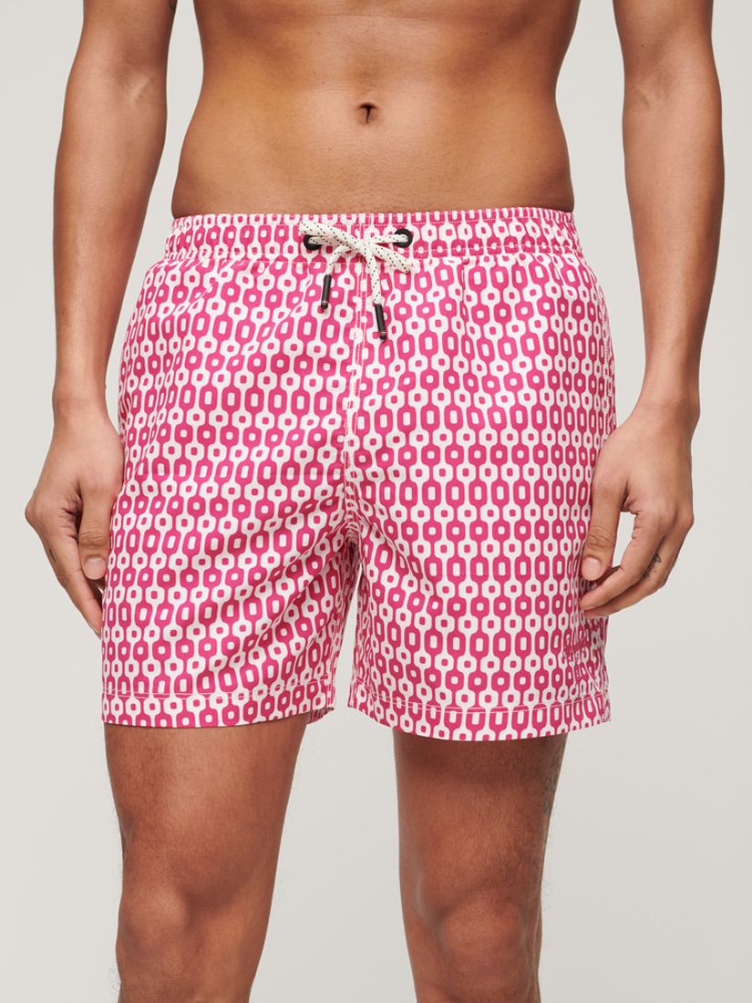 Superdry Geometric Print 15" Swim Shorts, Pink/White, XXL