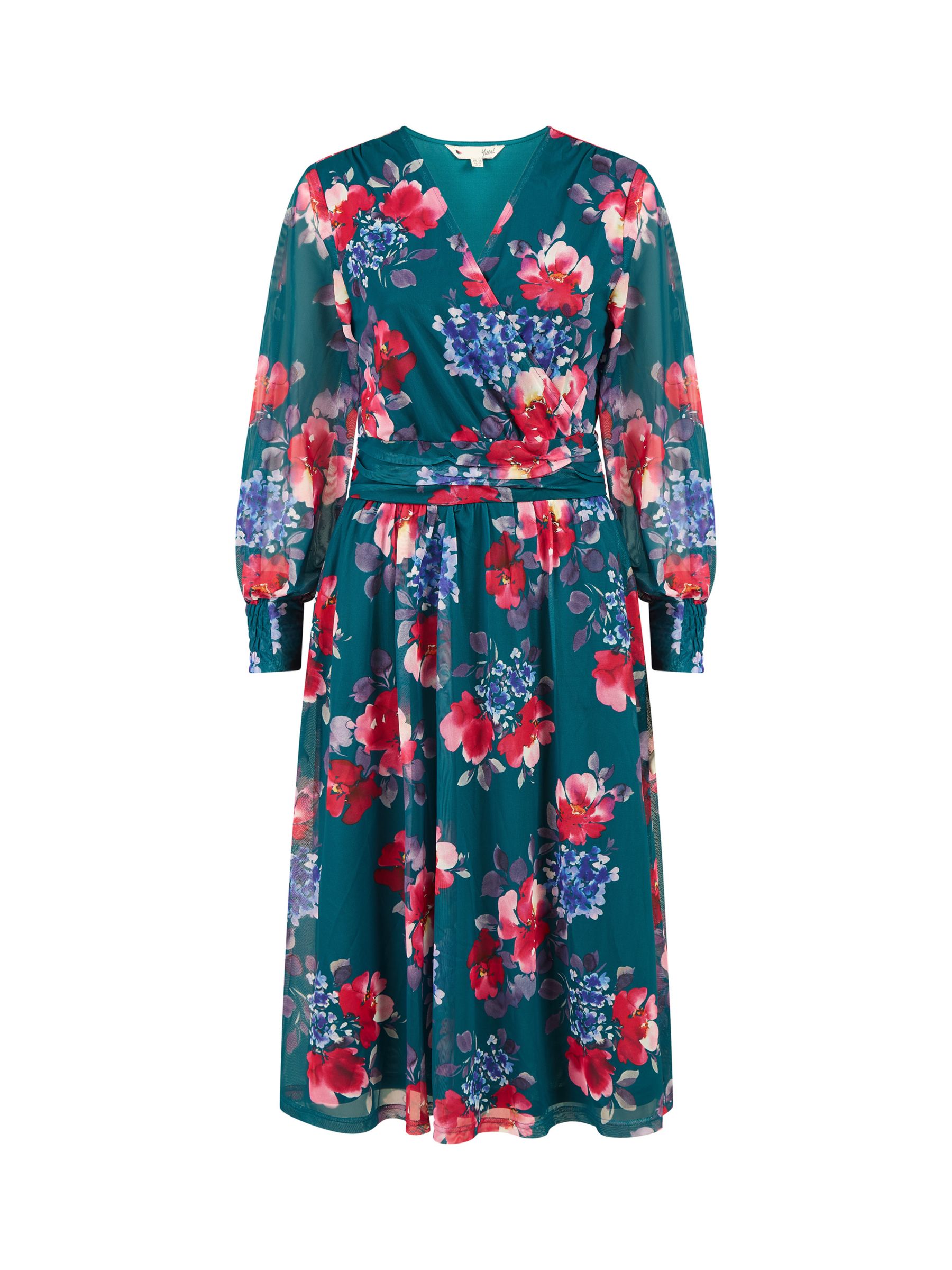 Yumi Floral Mesh Knee Length Dress, Green/Multi at John Lewis & Partners