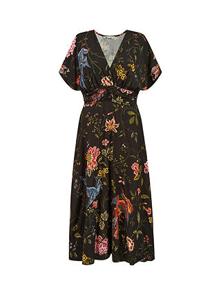 Yumi Bird And Floral Kimono Midi Dress, Black