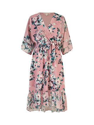 Yumi Floral Kimono Dipped Hem Dress, Pink/Multi