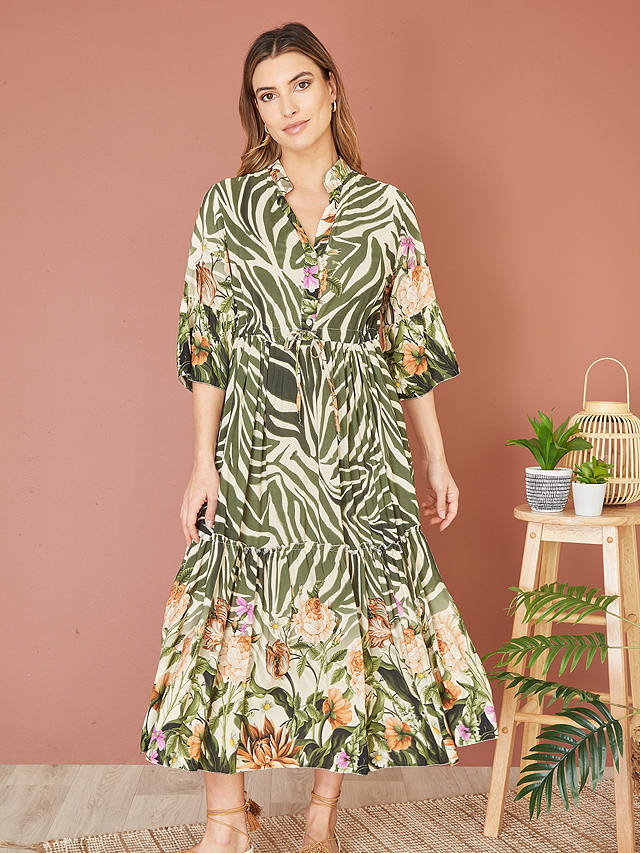 Yumi Zebra Floral Print Midi Dress, Green