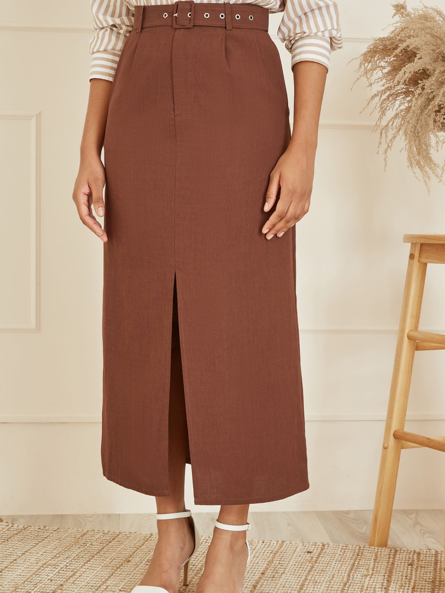 Buy Yumi Tailored Front Split Belted Midi Skirt, Brown Online at johnlewis.com