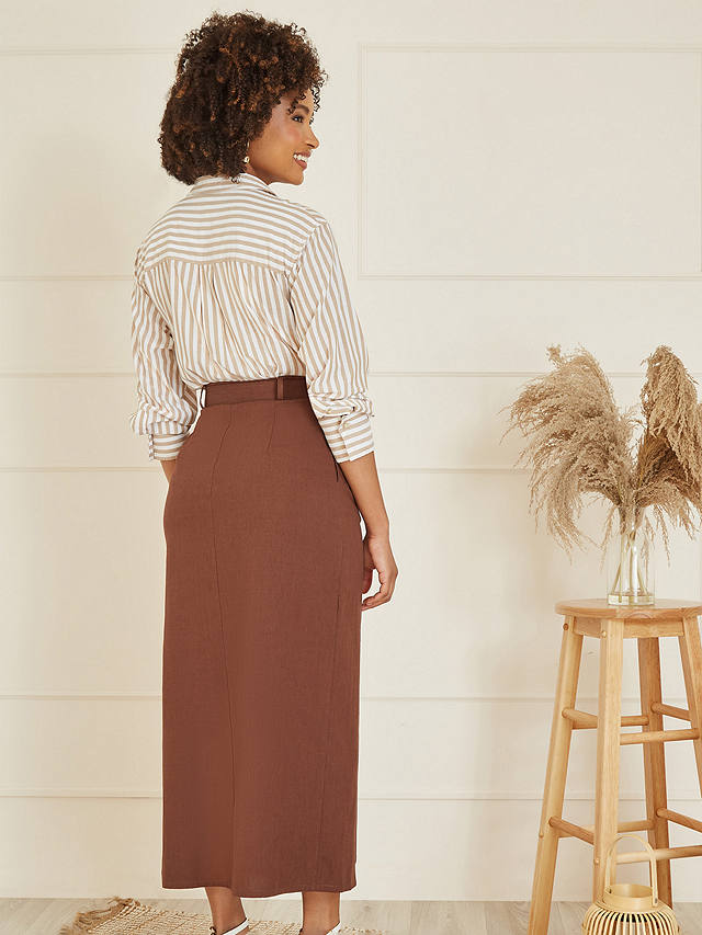 Yumi Tailored Front Split Belted Midi Skirt, Brown