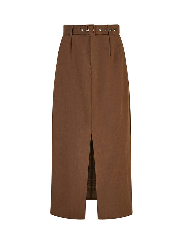 Yumi Tailored Front Split Belted Midi Skirt, Brown