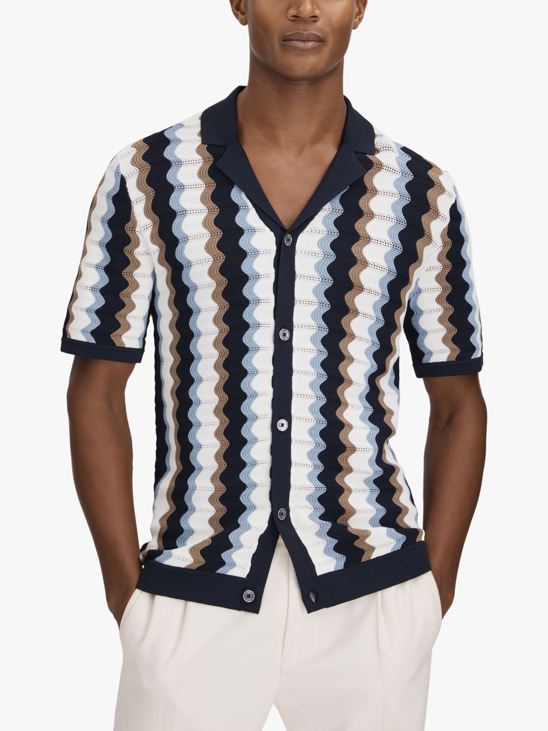 Reiss Waves Knitted Cuban Collar Button Through Shirt, Blue/Multi, XS