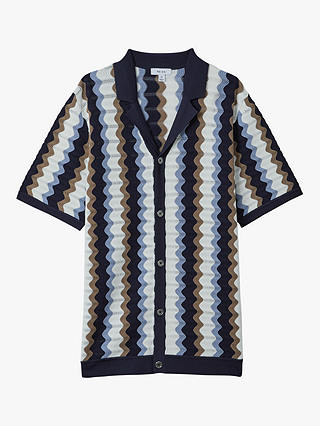 Reiss Waves Knitted Cuban Collar Button Through Shirt, Blue/Multi